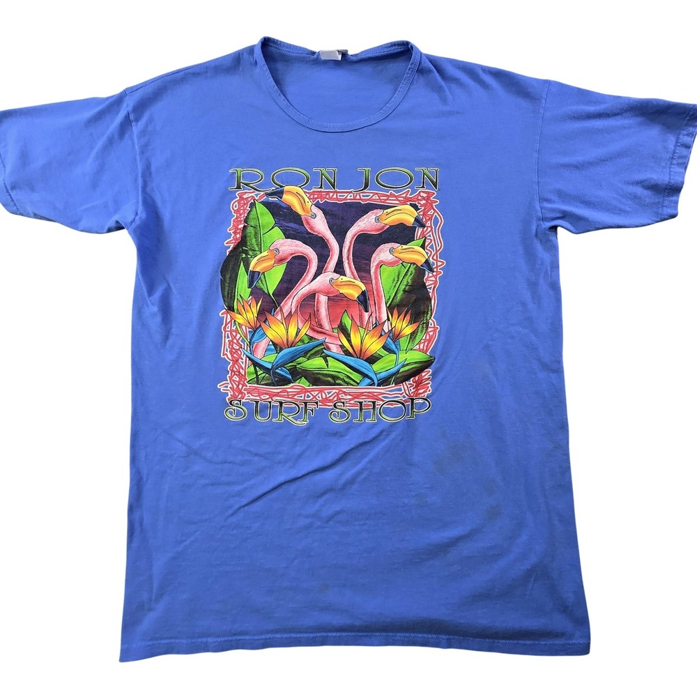 Ron Jon Surf Shop Shirt Mens Large Blue Flamingo Graphic Tropical Surf Shop